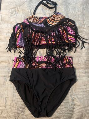 Fringed Two-Piece Swimsuit in Black with Pink & Orange Pattern